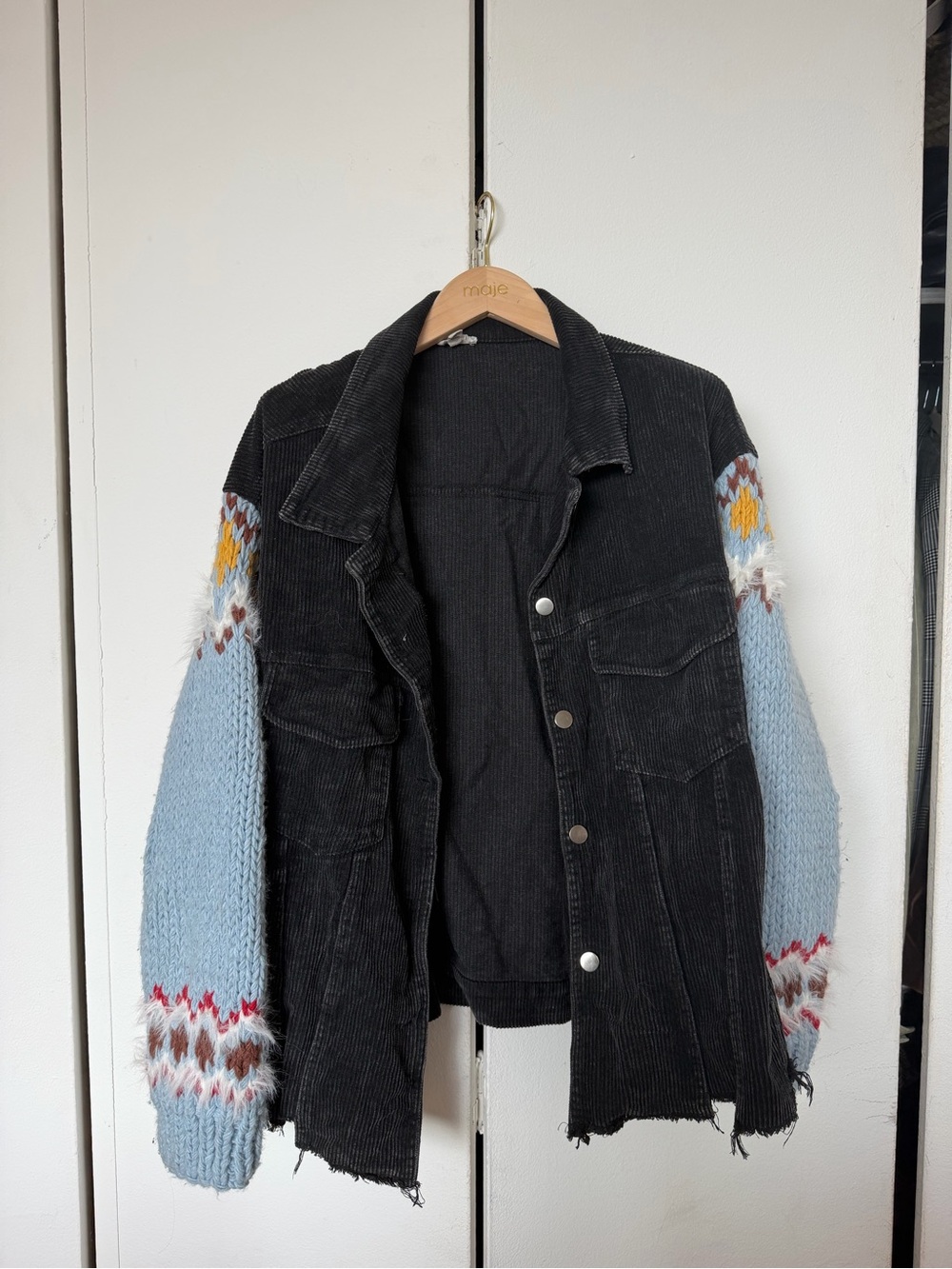 POL Black Corduroy Jacket with Light Blue Patterned Knit Sleeves
